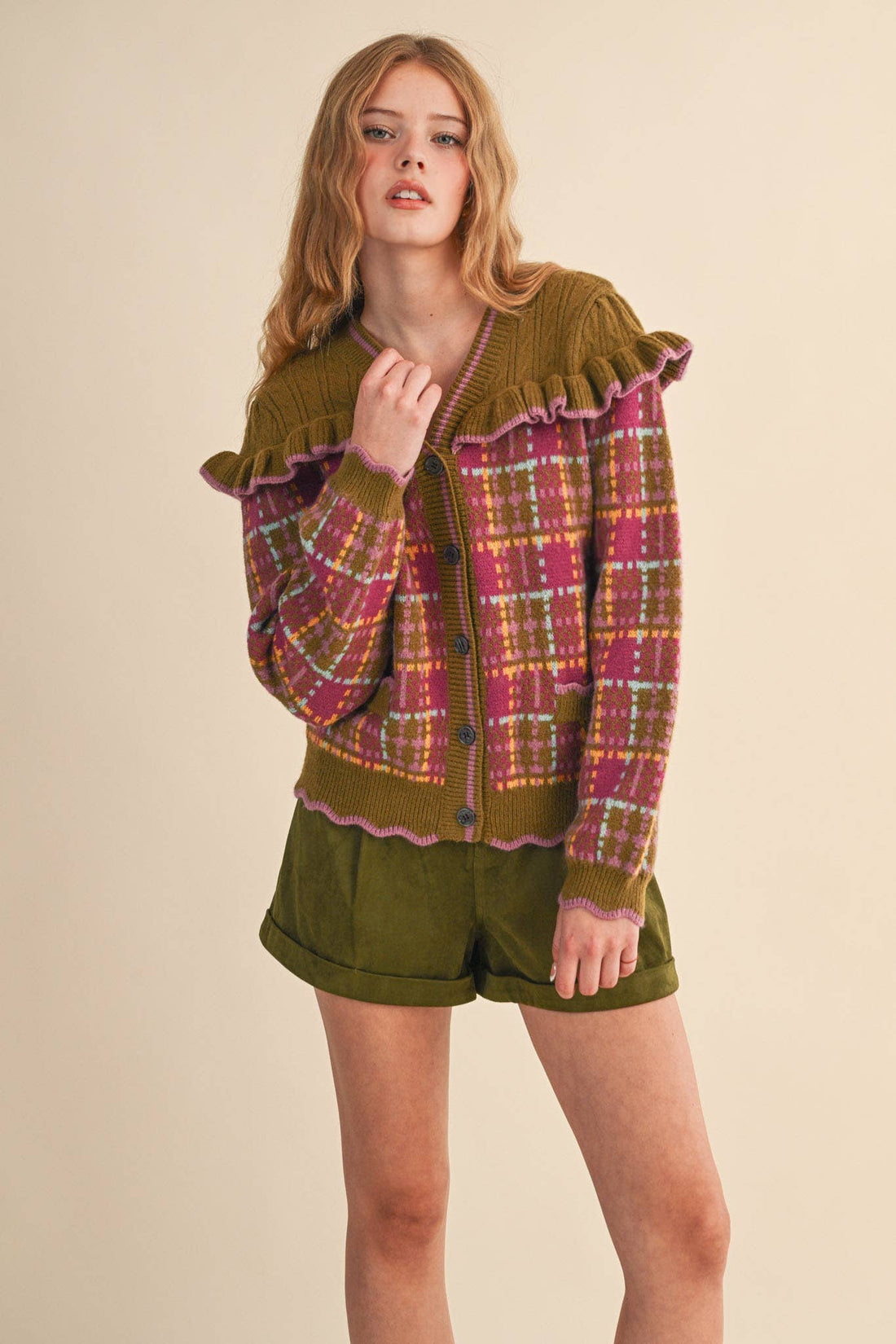 RUFFLED YOKE PLAID SWEATER CARDIGAN