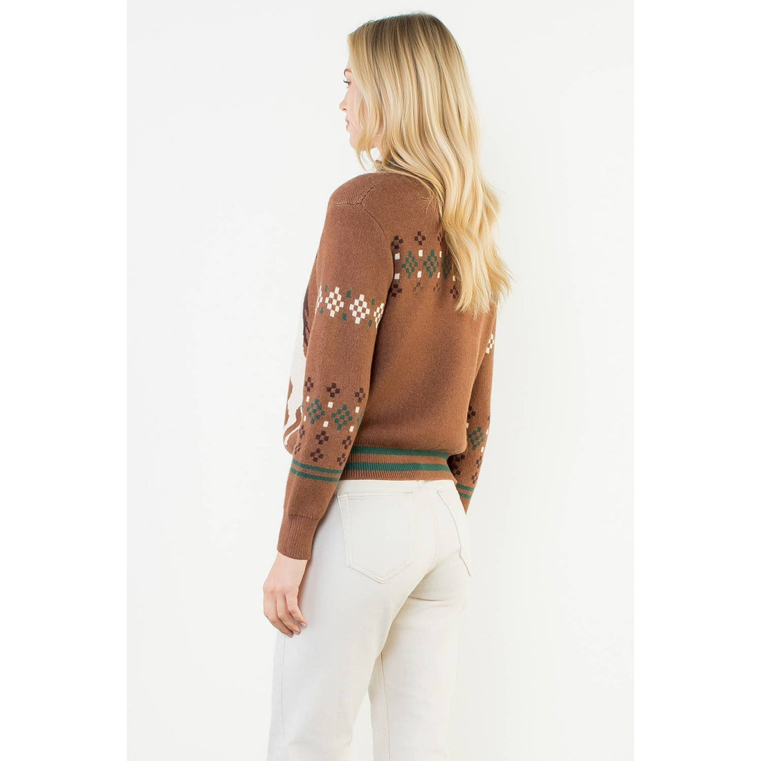 Horse Knit Half Up Zipper Sweater: BROWN