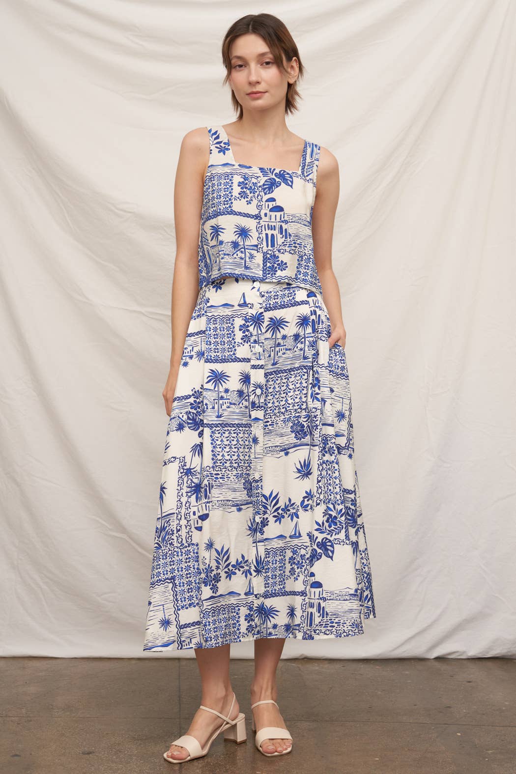 Printed Button Down Midi Skirt : White Blue