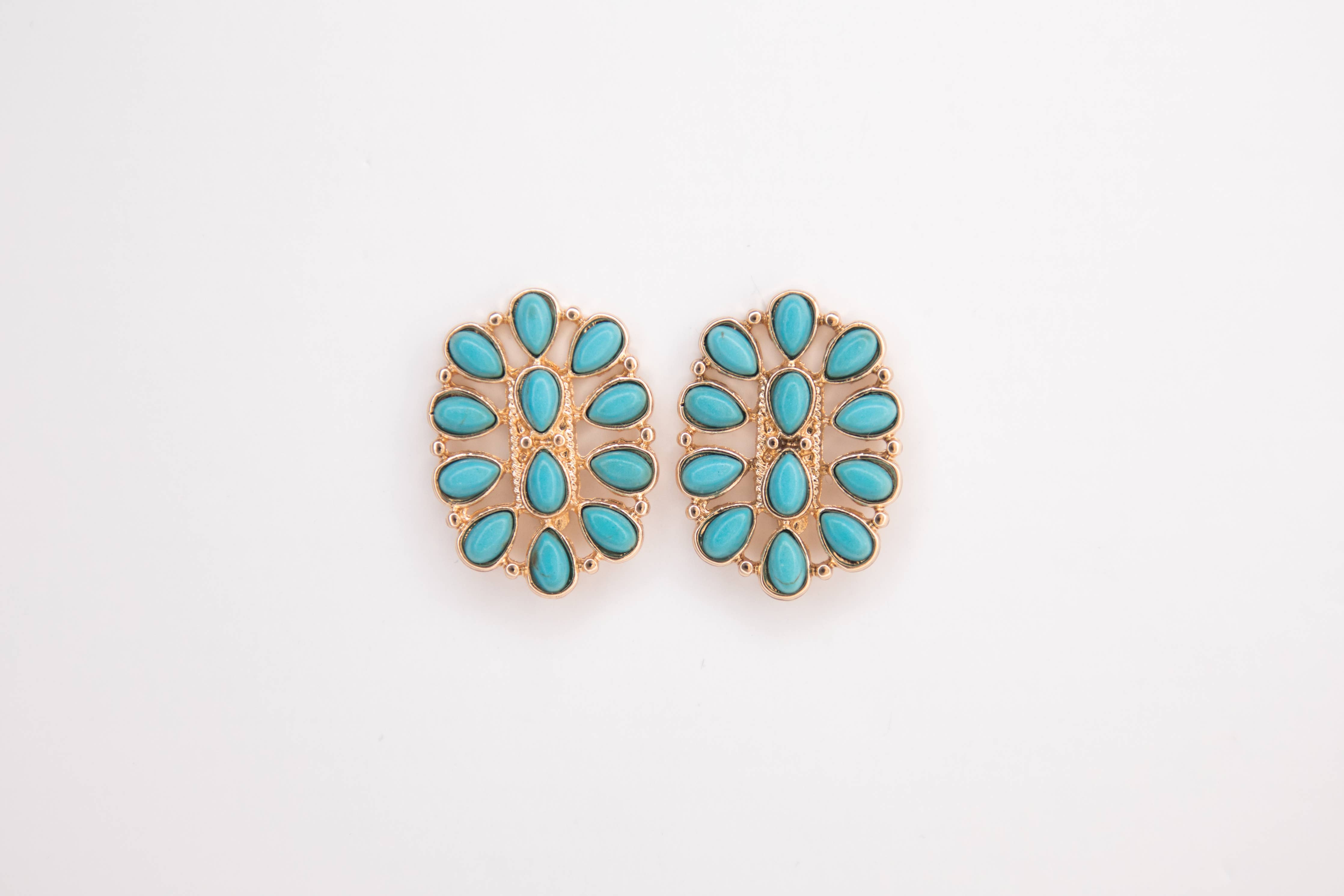 1.25" Turquoise and Gold Oval Cluster Post Earring