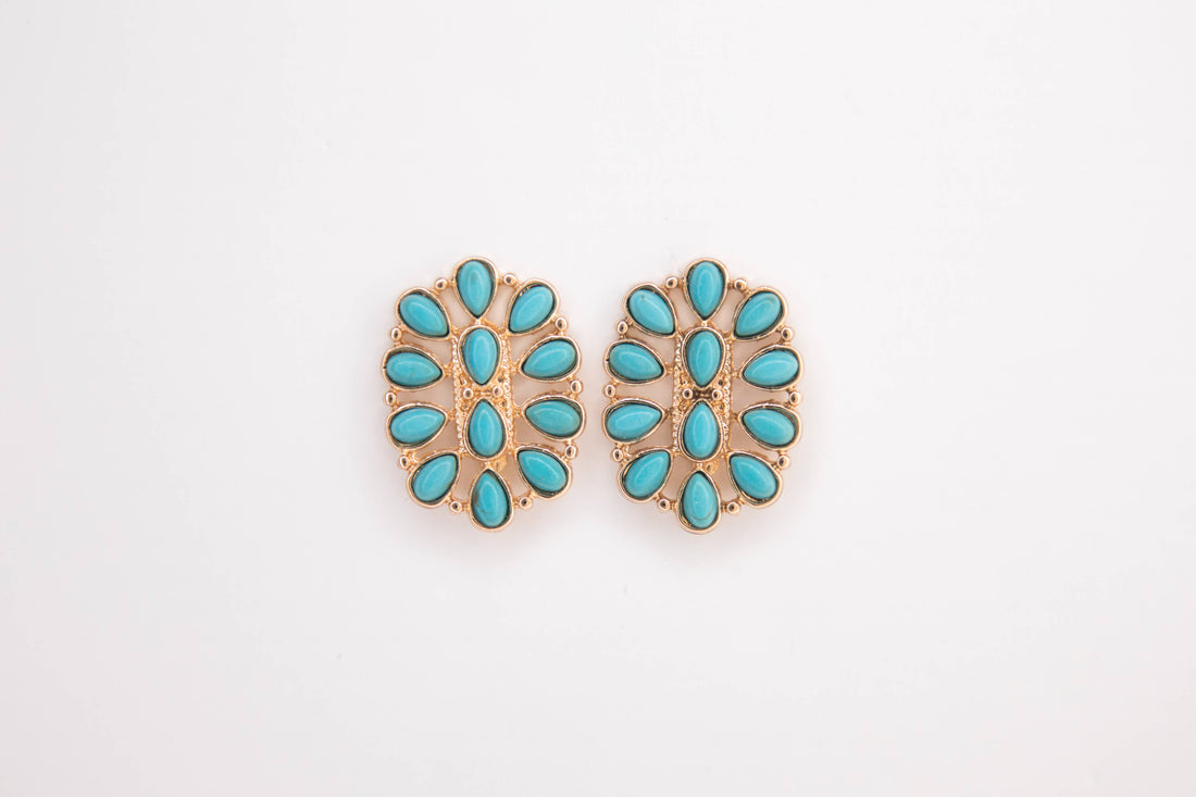 1.25" Turquoise and Gold Oval Cluster Post Earring