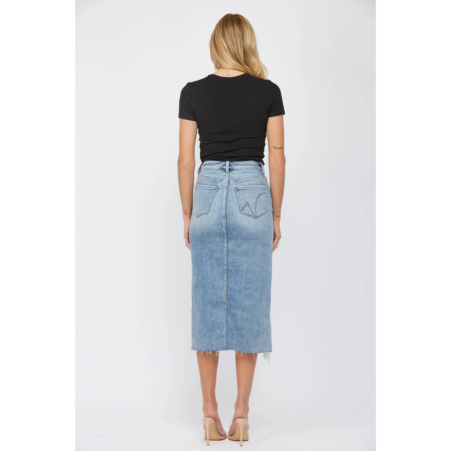 High Wasted Distressed Midi Skirt: Wild Blue