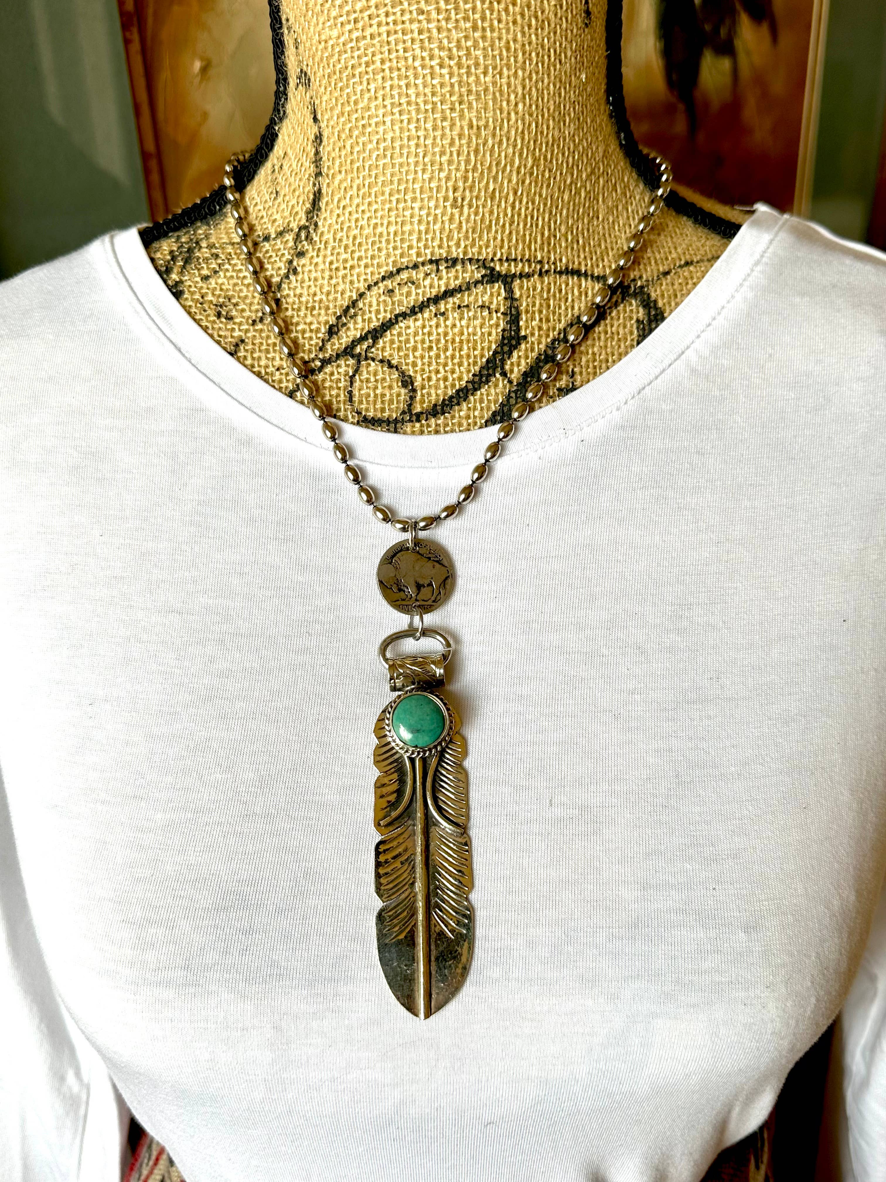 Feather Necklace, Silver Feather, Turquoise, Buffalo Nickel