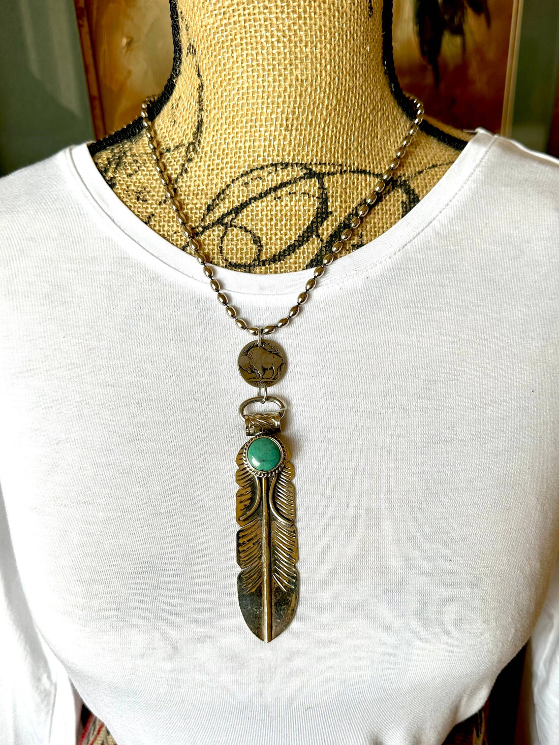 Feather Necklace, Silver Feather, Turquoise, Buffalo Nickel
