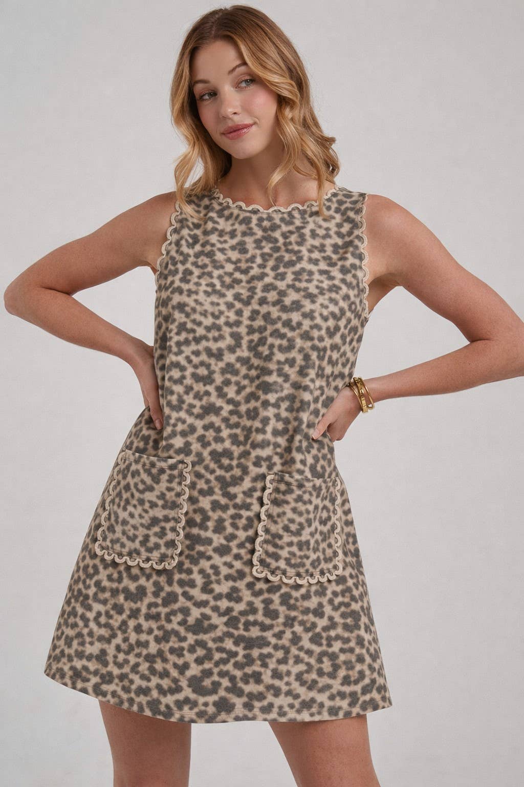 Leopard Mini Dress with Scalloped Embroidery Detail