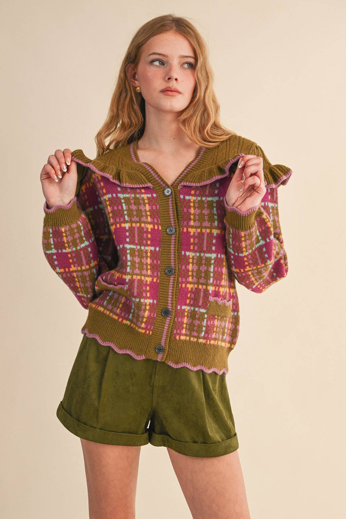 RUFFLED YOKE PLAID SWEATER CARDIGAN