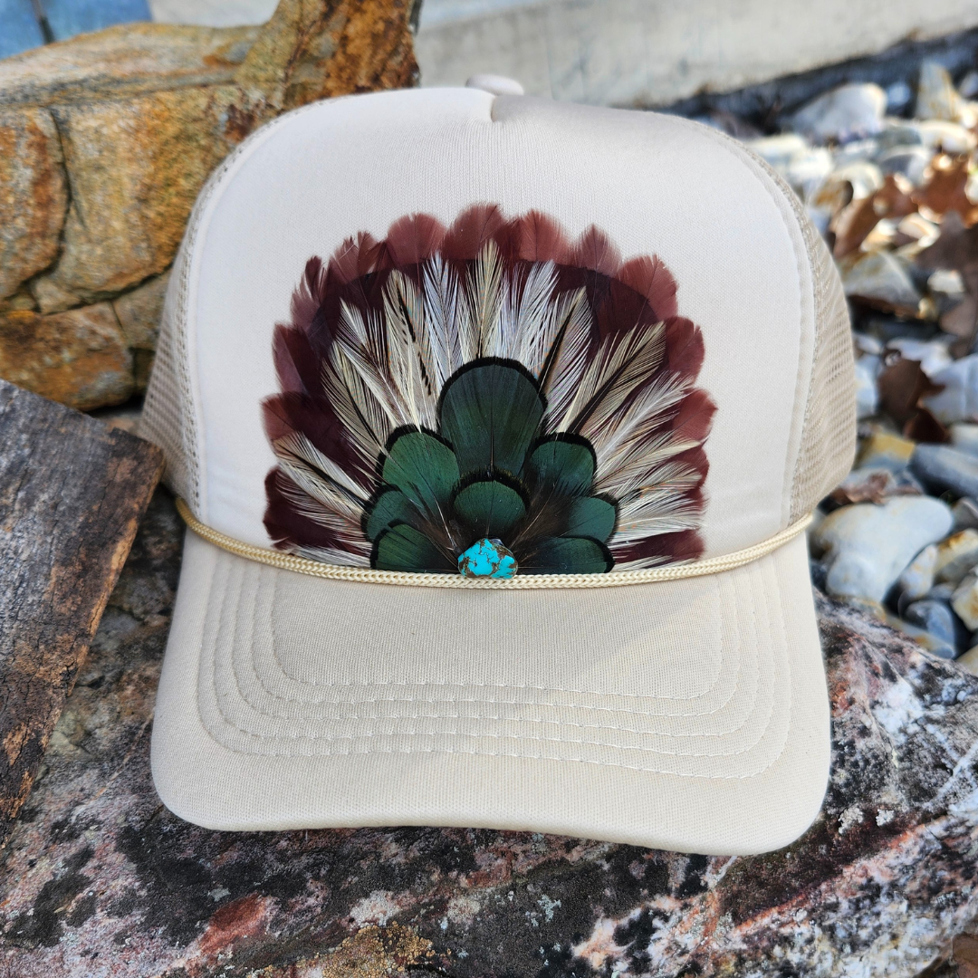 Western Feather Trucker Hat Retro Feather Crown Hat