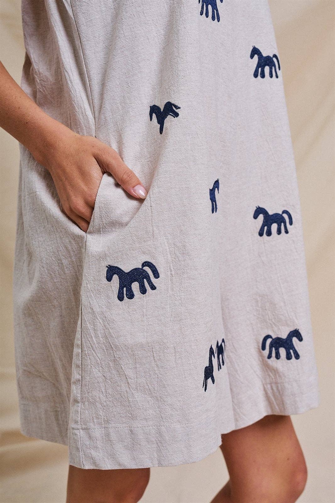 Embroidered Pony Cotton Linen Sleeveless Romper Linen