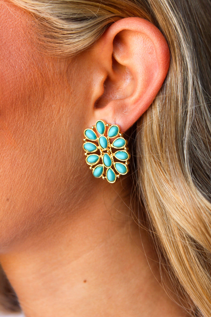 1.25" Turquoise and Gold Oval Cluster Post Earring