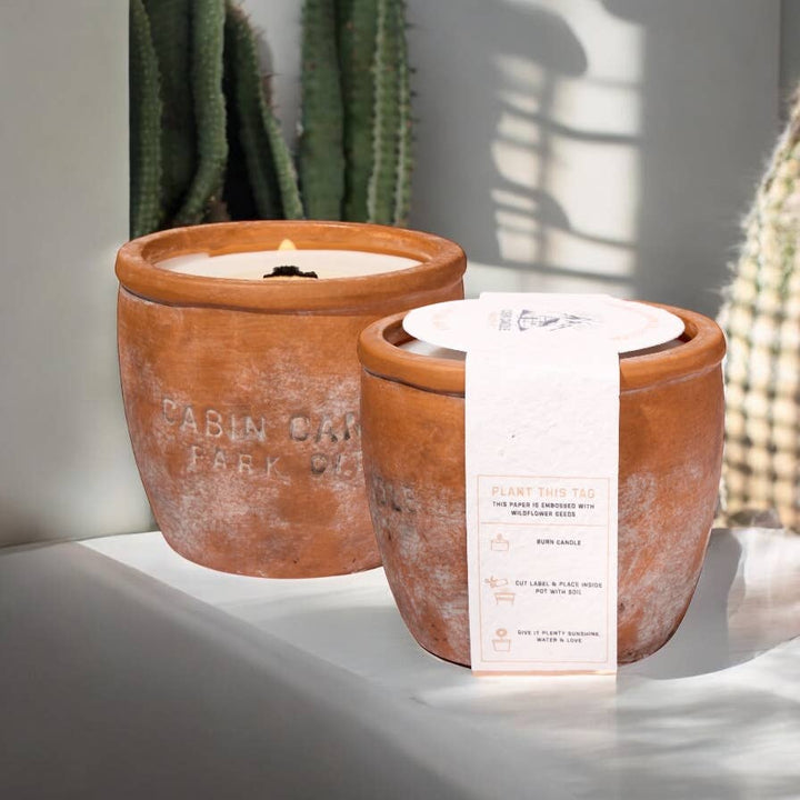 12 oz Plant Pot Scented Candle, Terra cotta pot, Seed Label: Flourish