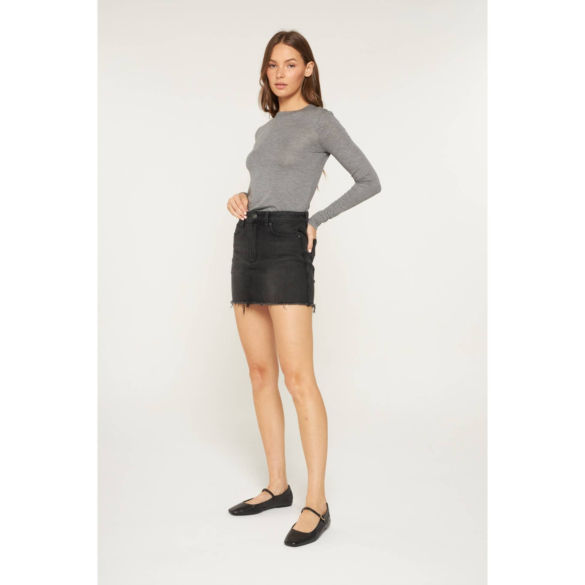 High Rise Raw Hem Mini Skirt: Inkstone