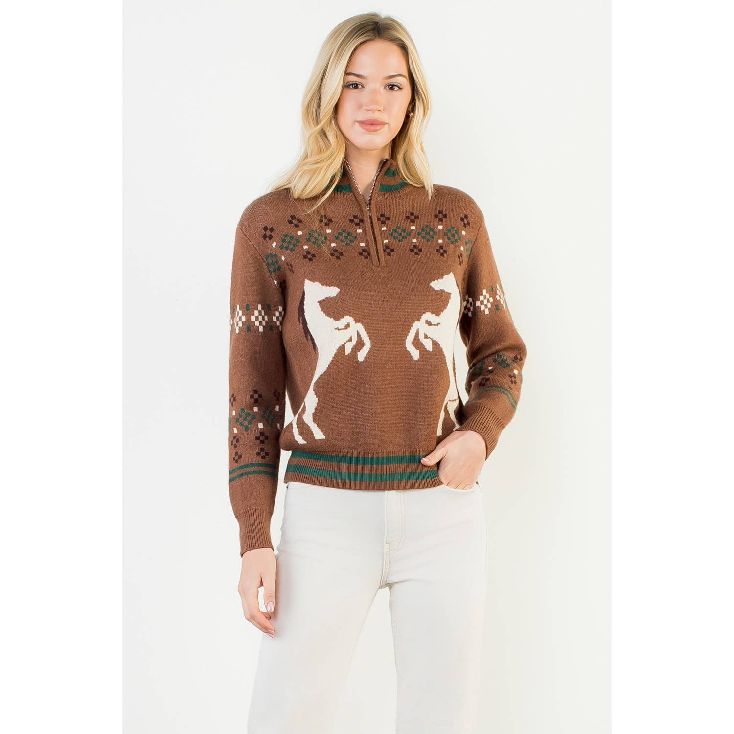 Horse Knit Half Up Zipper Sweater: BROWN