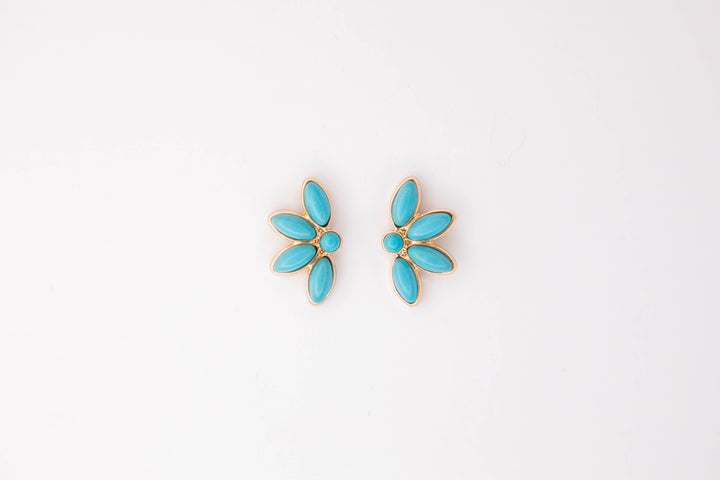 1" Dainty Half Flower Turquoise Post Earring: Gold