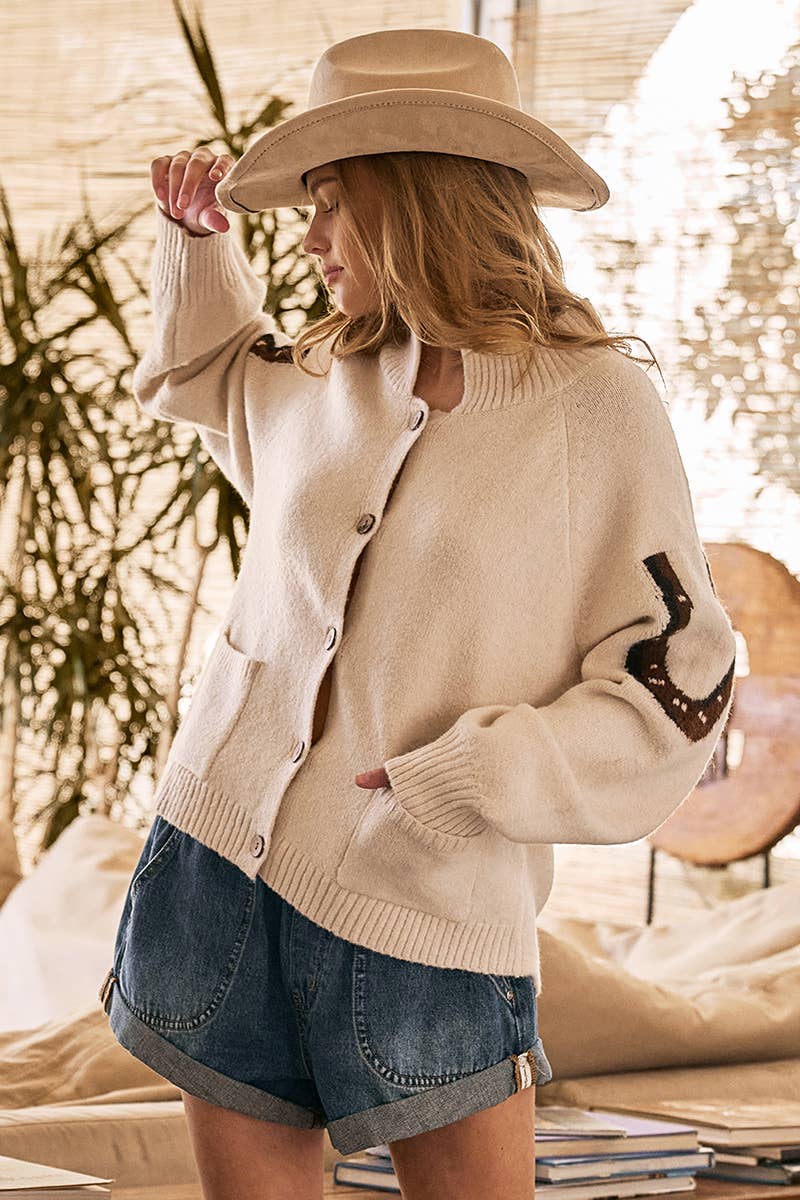Western Horse Intarsia Cardigan: IVORY MULTI