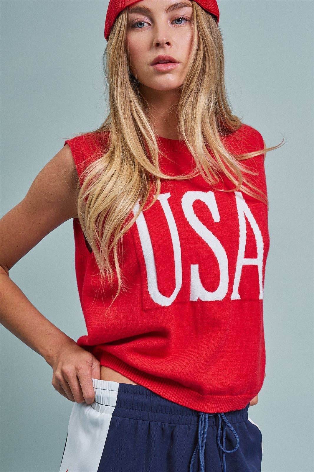 USA Graphic Knit Sleeveless Tank Top: Red