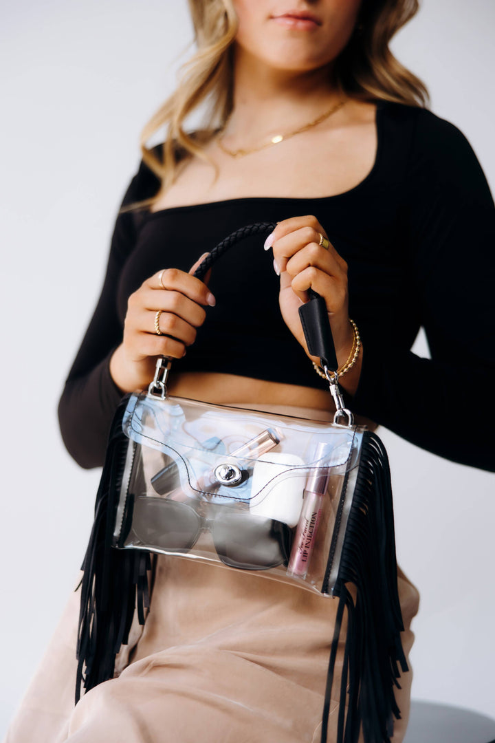 Clear Fringe Crossbody Handbag: Black