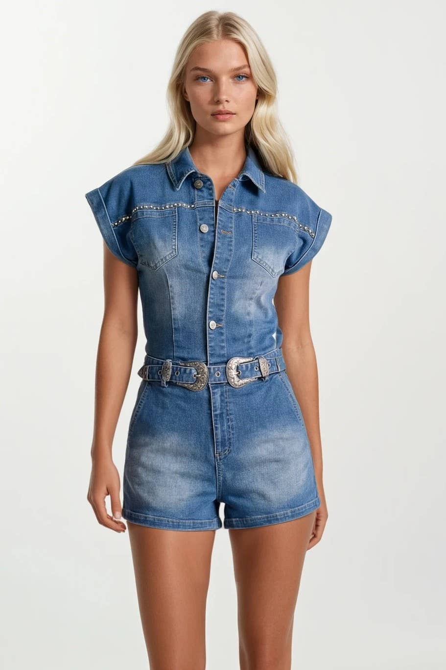 Embroidered Belted Denim Romper: Mid Denim/Red