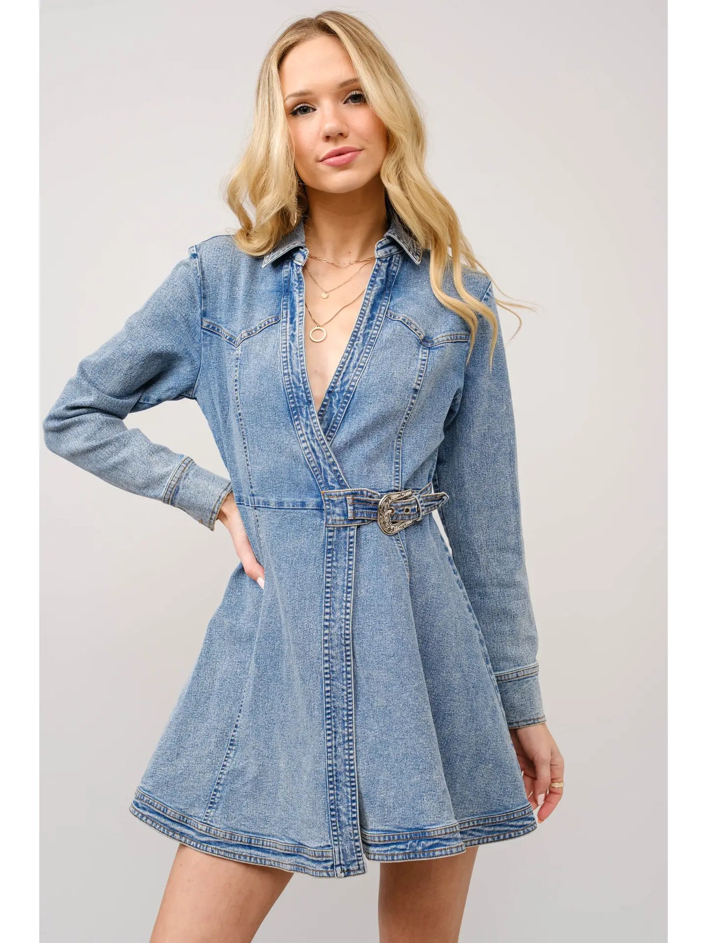 Western Buckle Wrap Denim Mini Dress – La Ceiba Ranch