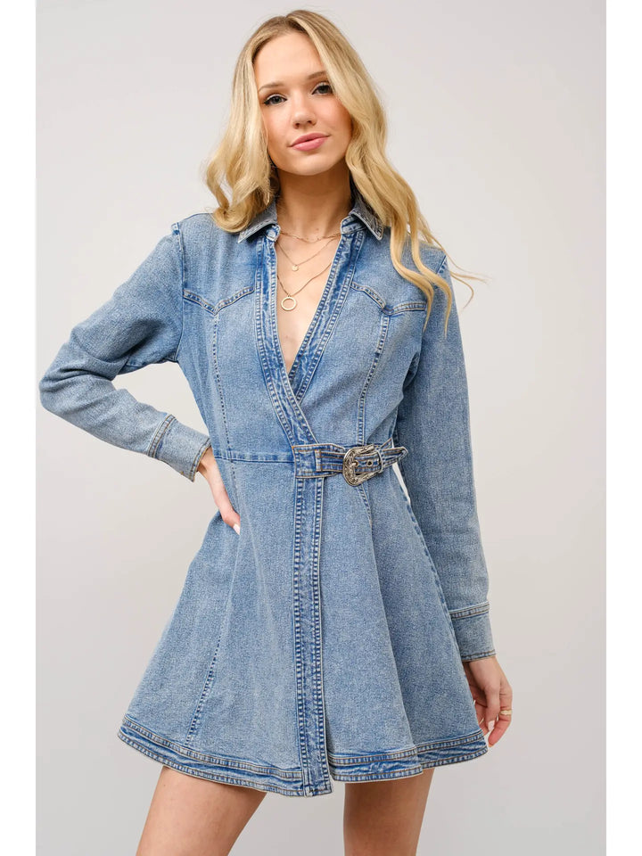 Western Buckle Wrap Denim Mini Dress
