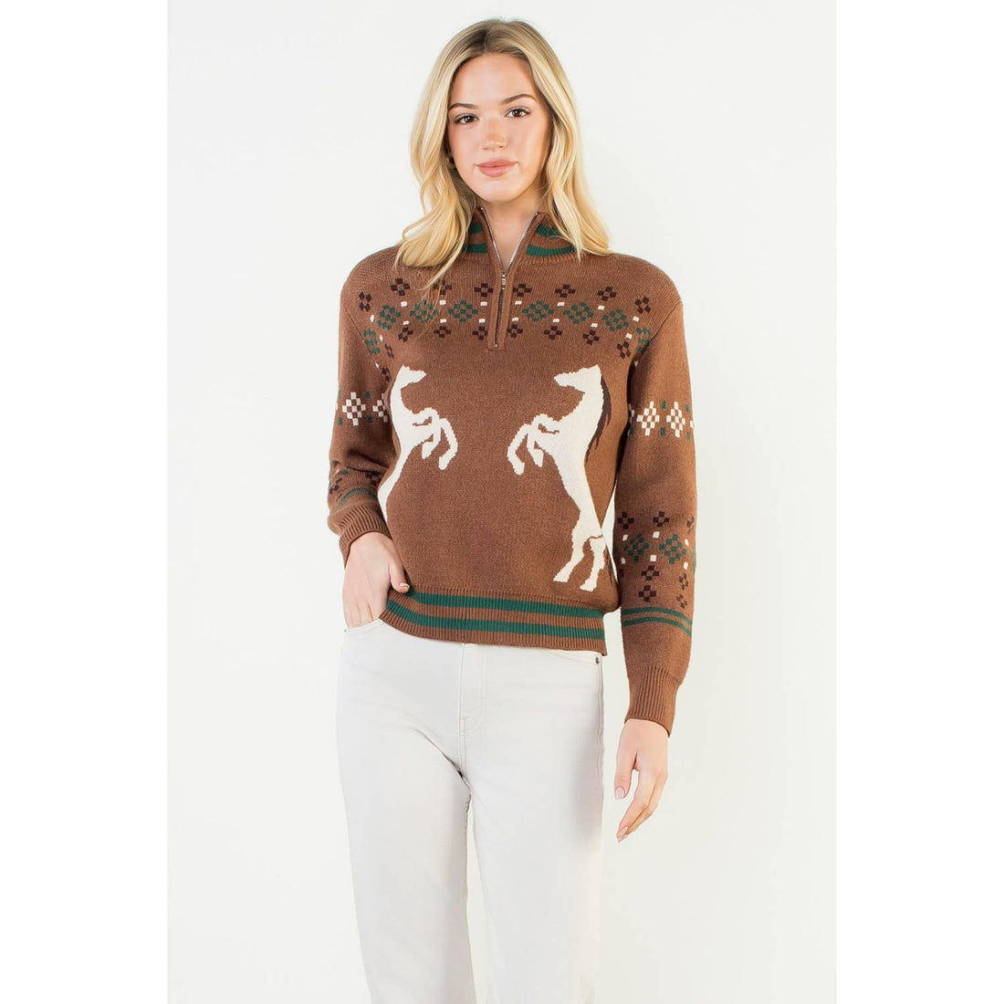 Horse Knit Half Up Zipper Sweater: BROWN