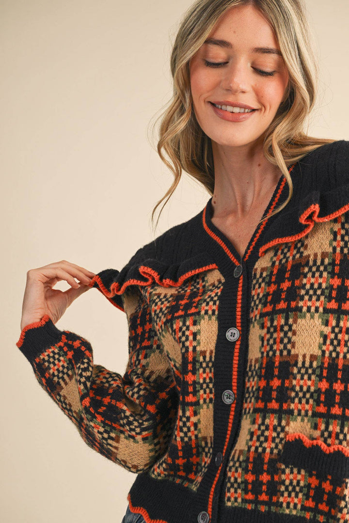 RUFFLED YOKE PLAID SWEATER CARDIGAN