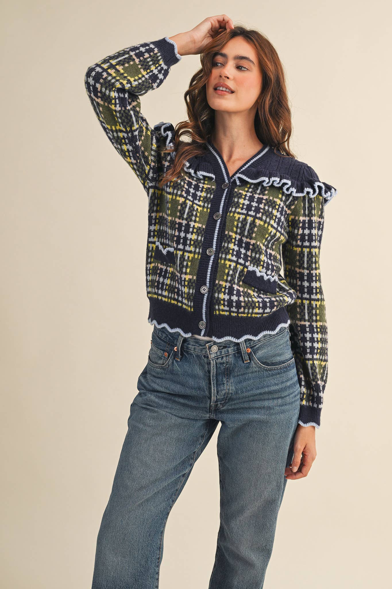 RUFFLED YOKE PLAID SWEATER CARDIGAN