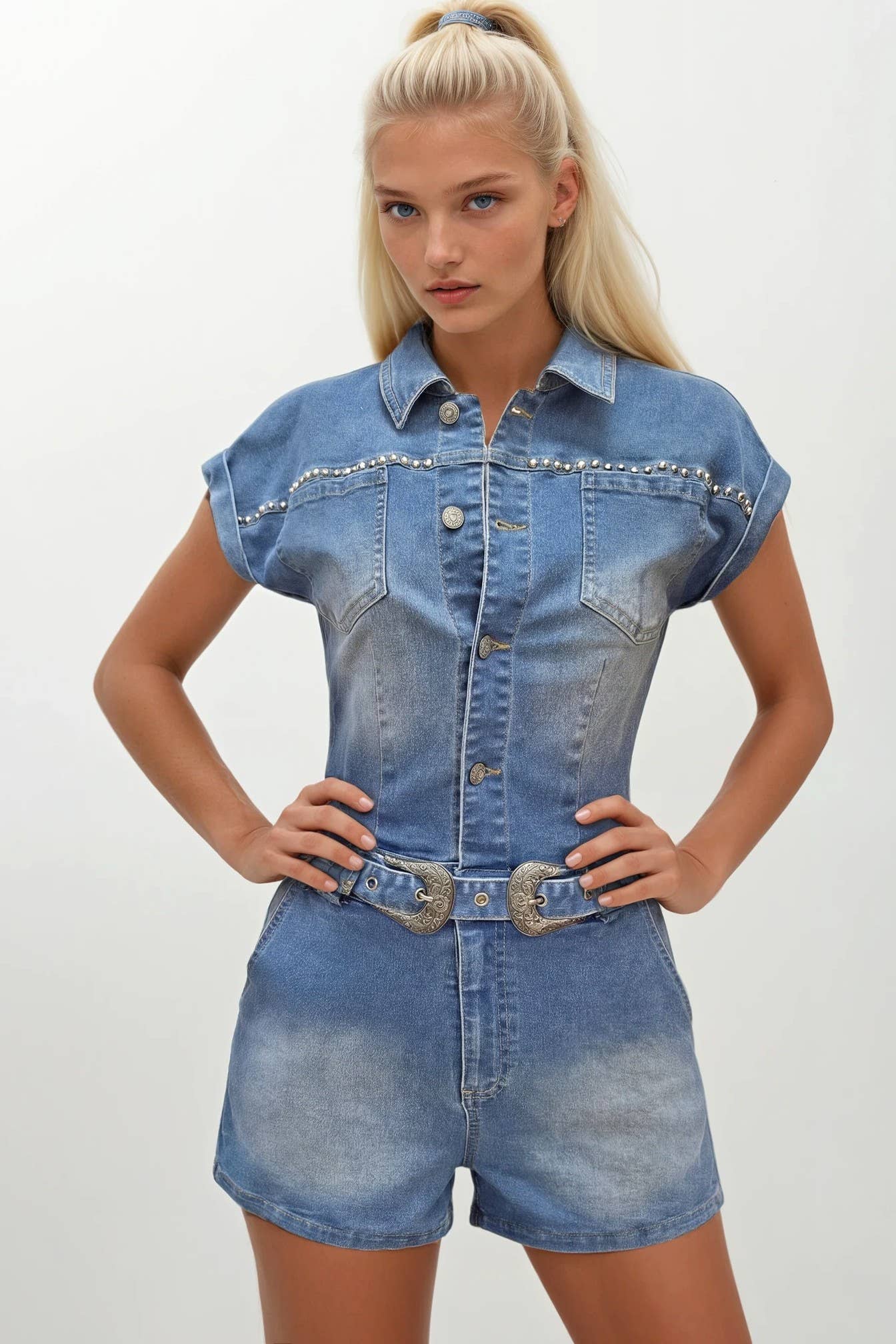 Embroidered Belted Denim Romper: Mid Denim/Red
