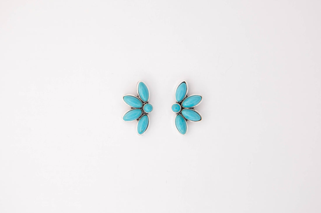 1" Dainty Half Flower Turquoise Post Earring: Gold