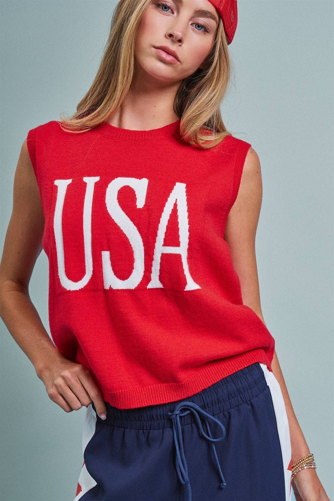 USA Graphic Knit Sleeveless Tank Top: Red
