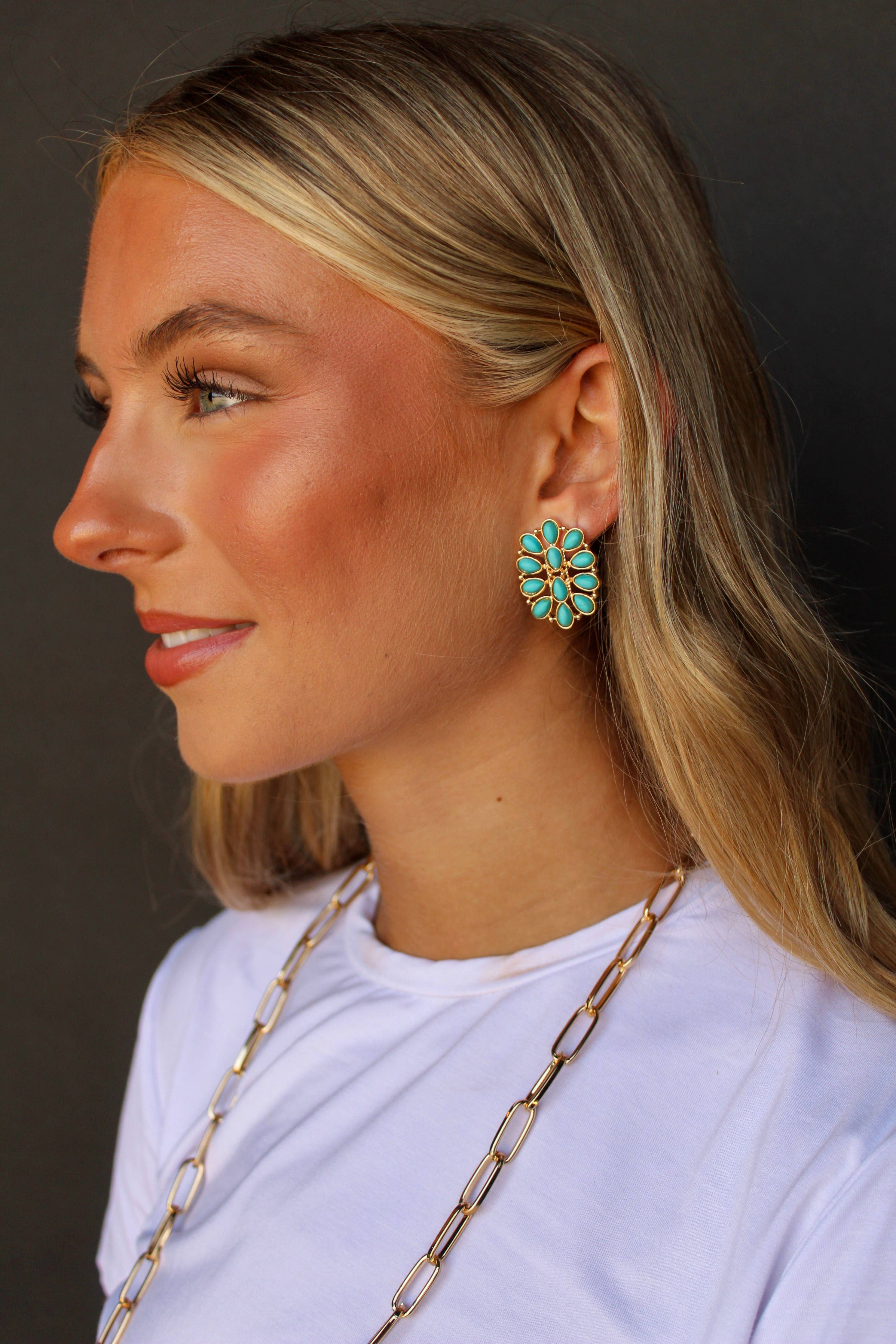 1.25" Turquoise and Gold Oval Cluster Post Earring