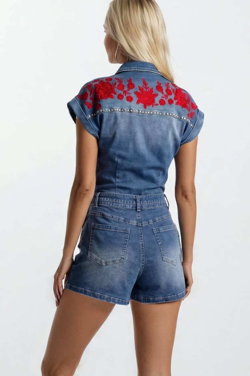 Embroidered Belted Denim Romper: Mid Denim/Red