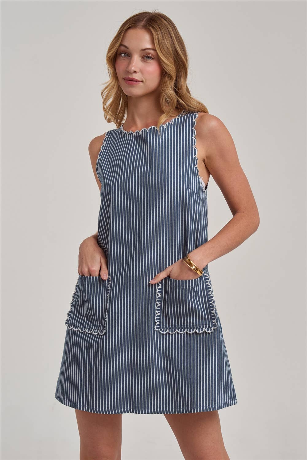 Sleeveless Stripe Denim Mini Dress With Scalloped Embroidery