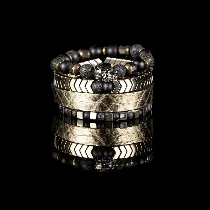 The Alchemist Bracelet Set Gold Leather & Lava Stone Stack: S 18 cm