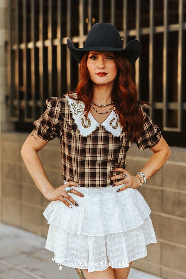 Brown Plaid Puff Sleeve Blouse W Collar