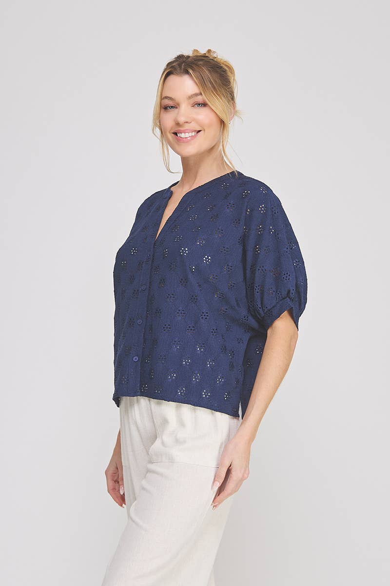 Knit eyelet mandarin button front elbow sleeve dolman: Navy