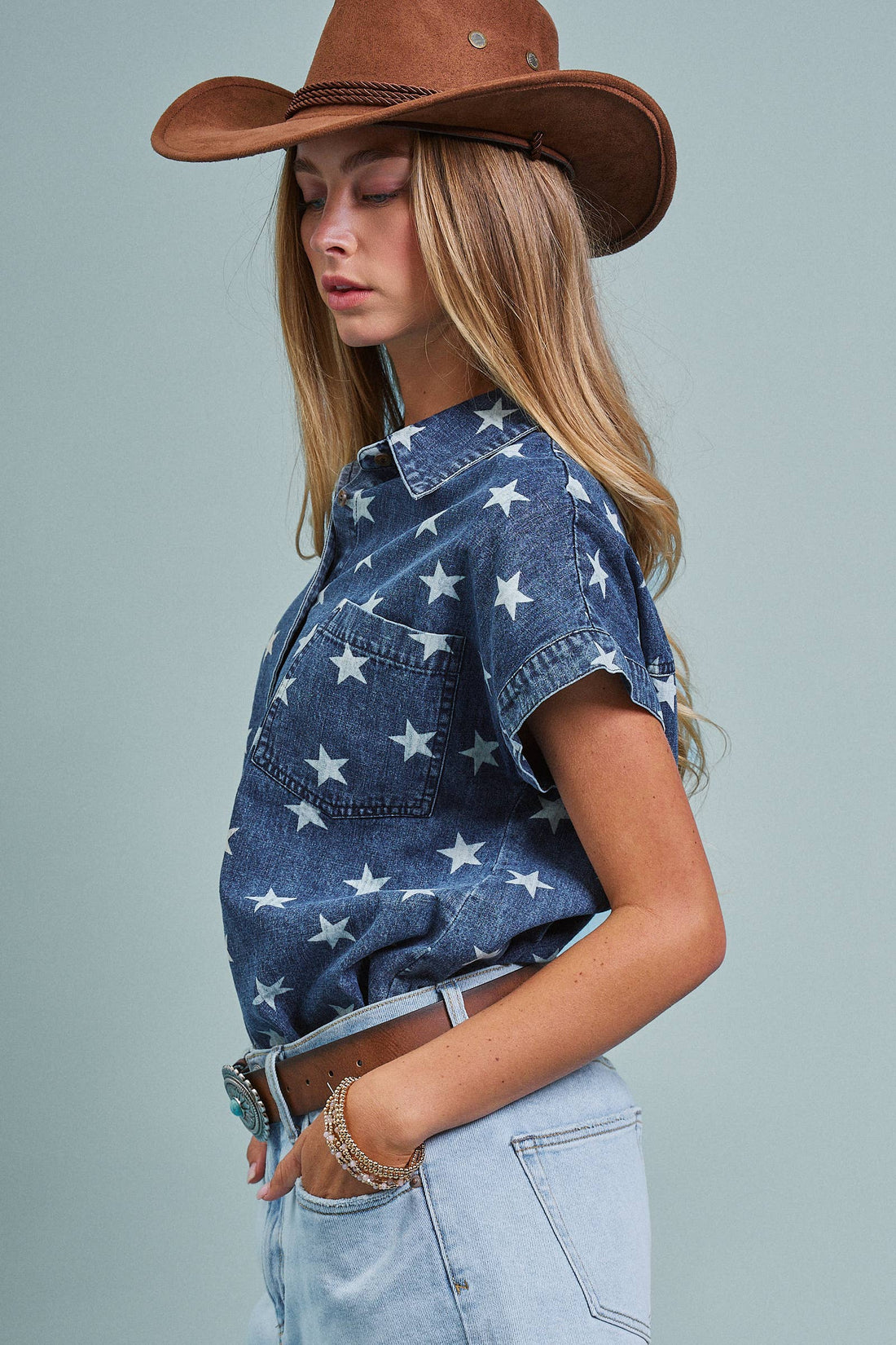 Star Print Chambray Short Sleeve Button Down: DENIM