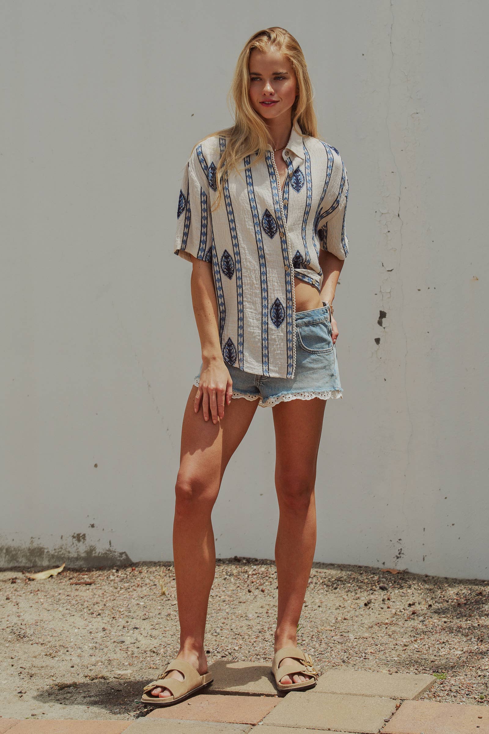 Boho Embroidered Linen Blend Resort Shirt: CREAM BLUE