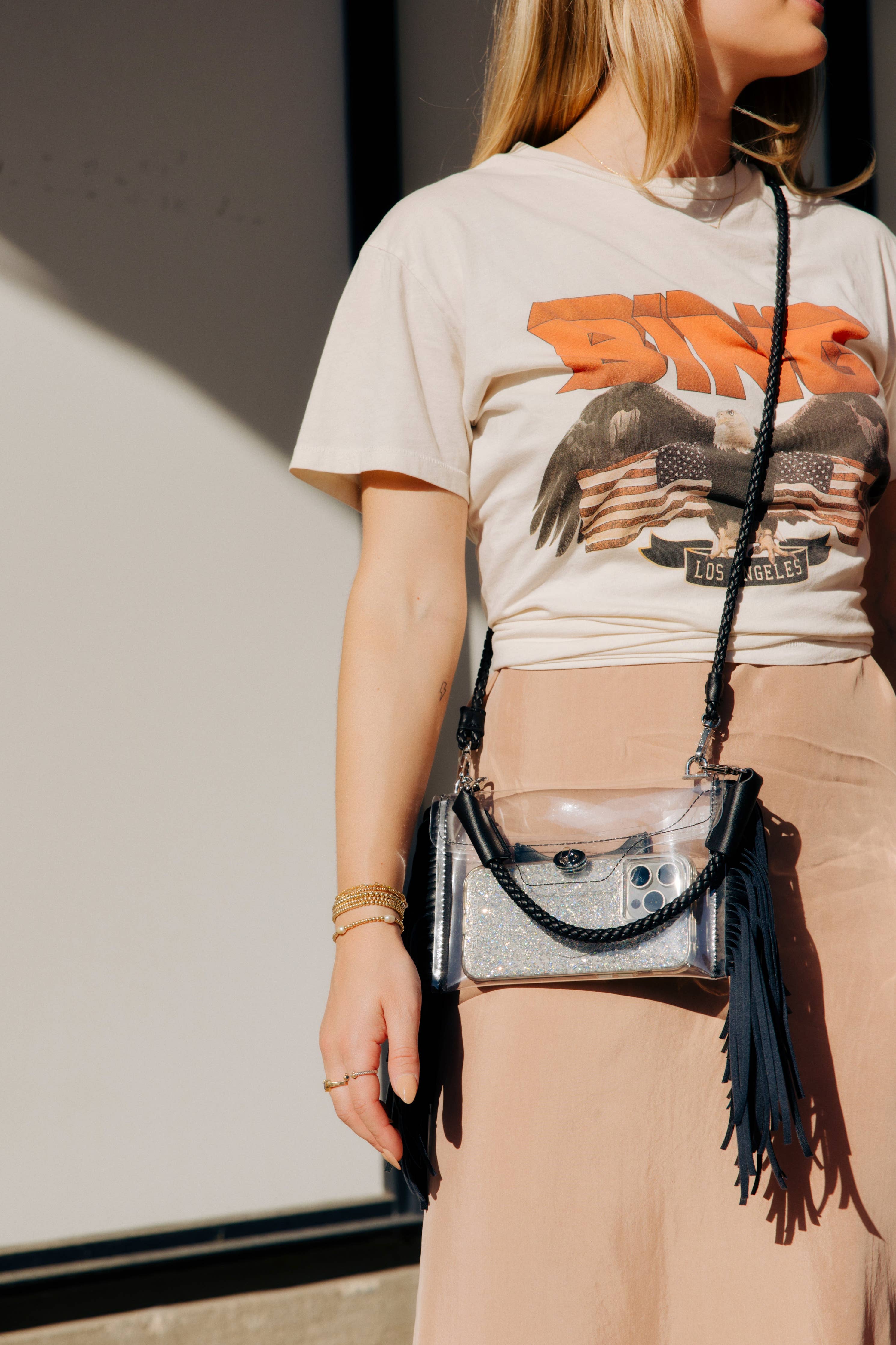 Clear Fringe Crossbody Handbag: Black