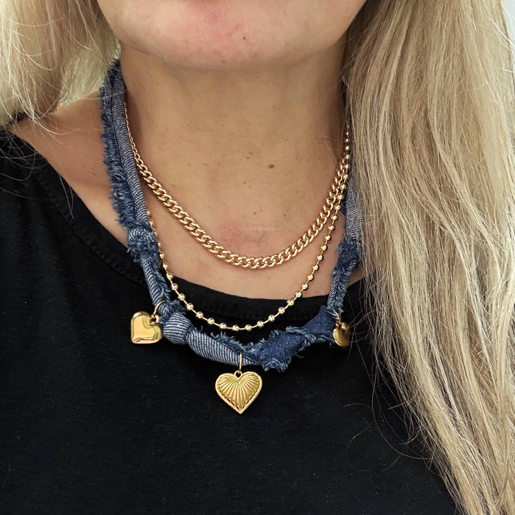 Denim Scarf Heart Necklace, Boho Western Necklace