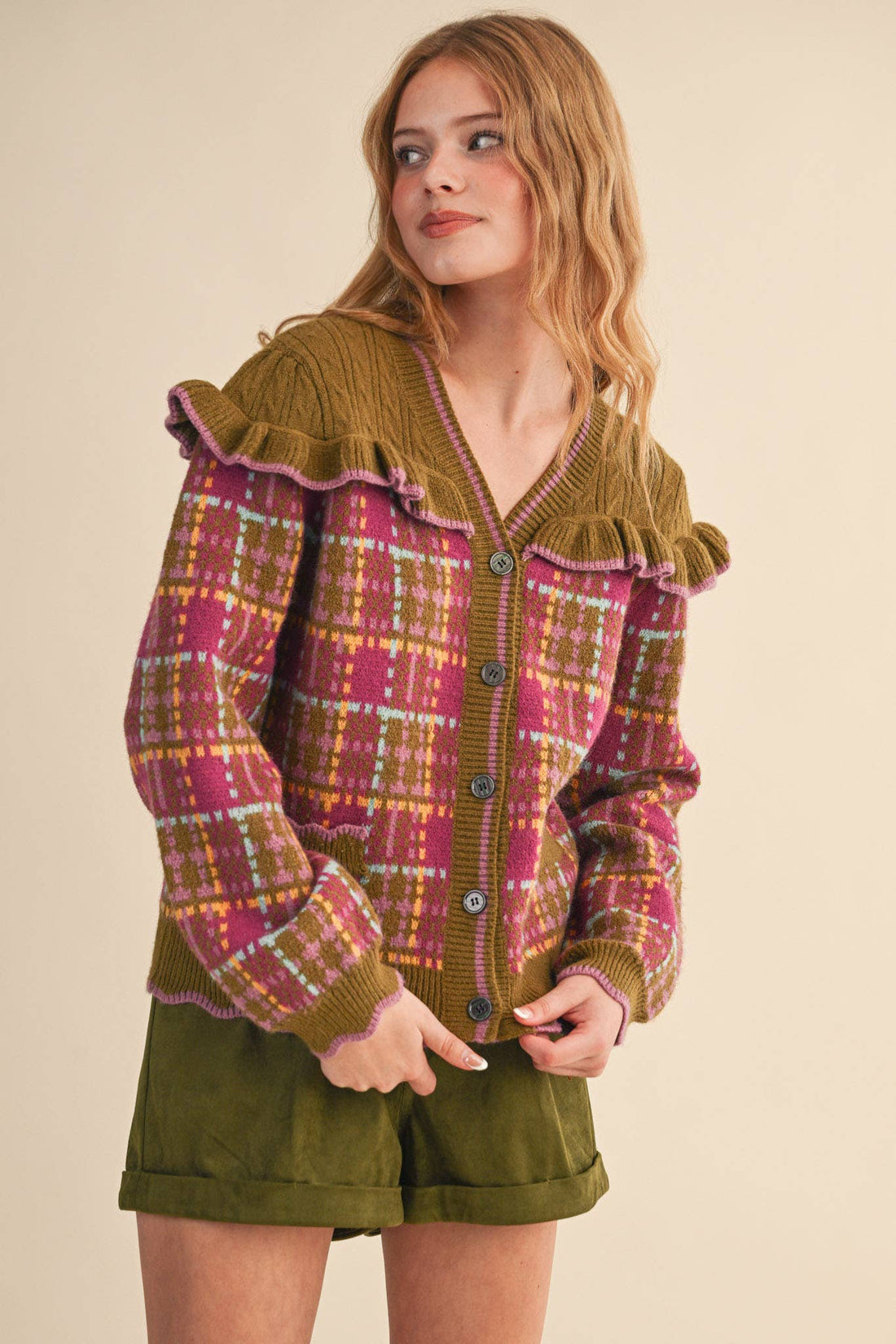 RUFFLED YOKE PLAID SWEATER CARDIGAN