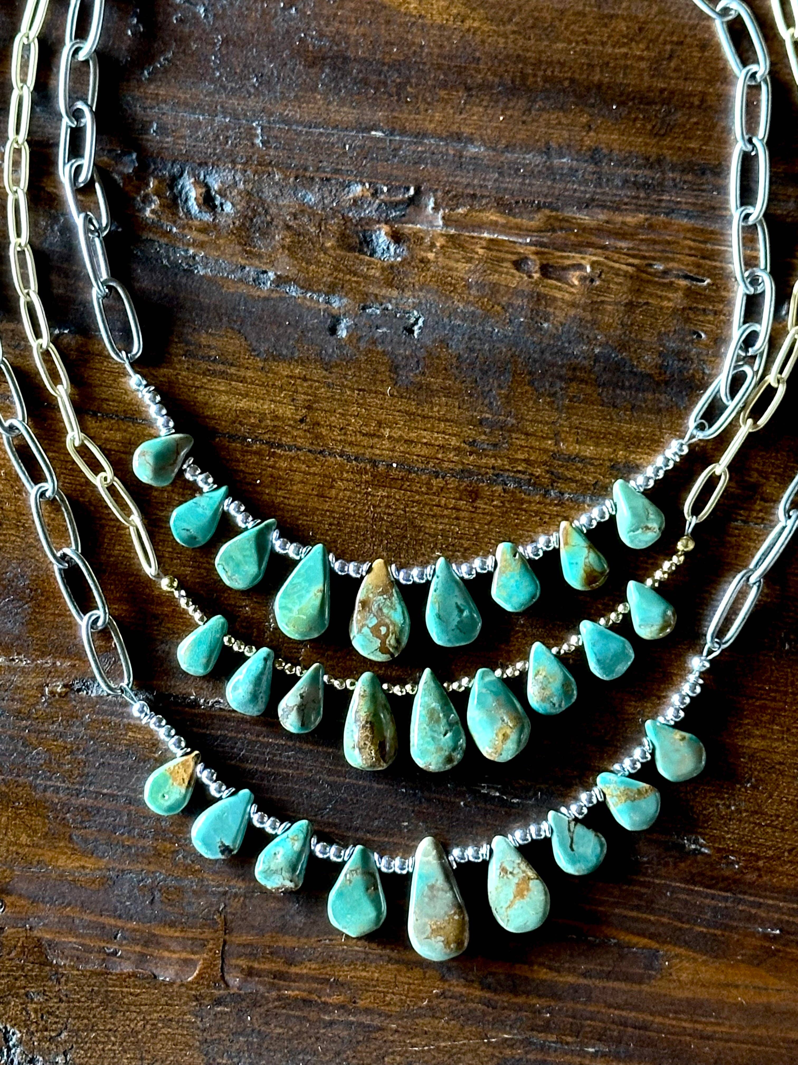 Natural turquoise Briolette Paperclip Chain Necklace/Choker: Silver