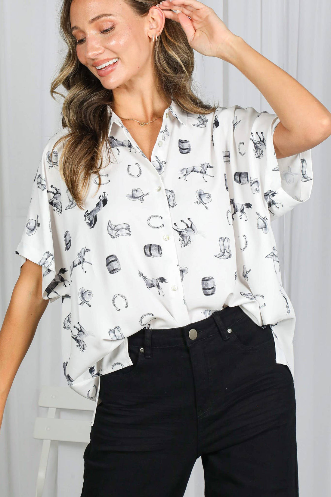 Western-Inspired Collared Button Front Shirt Top Cream/Brown