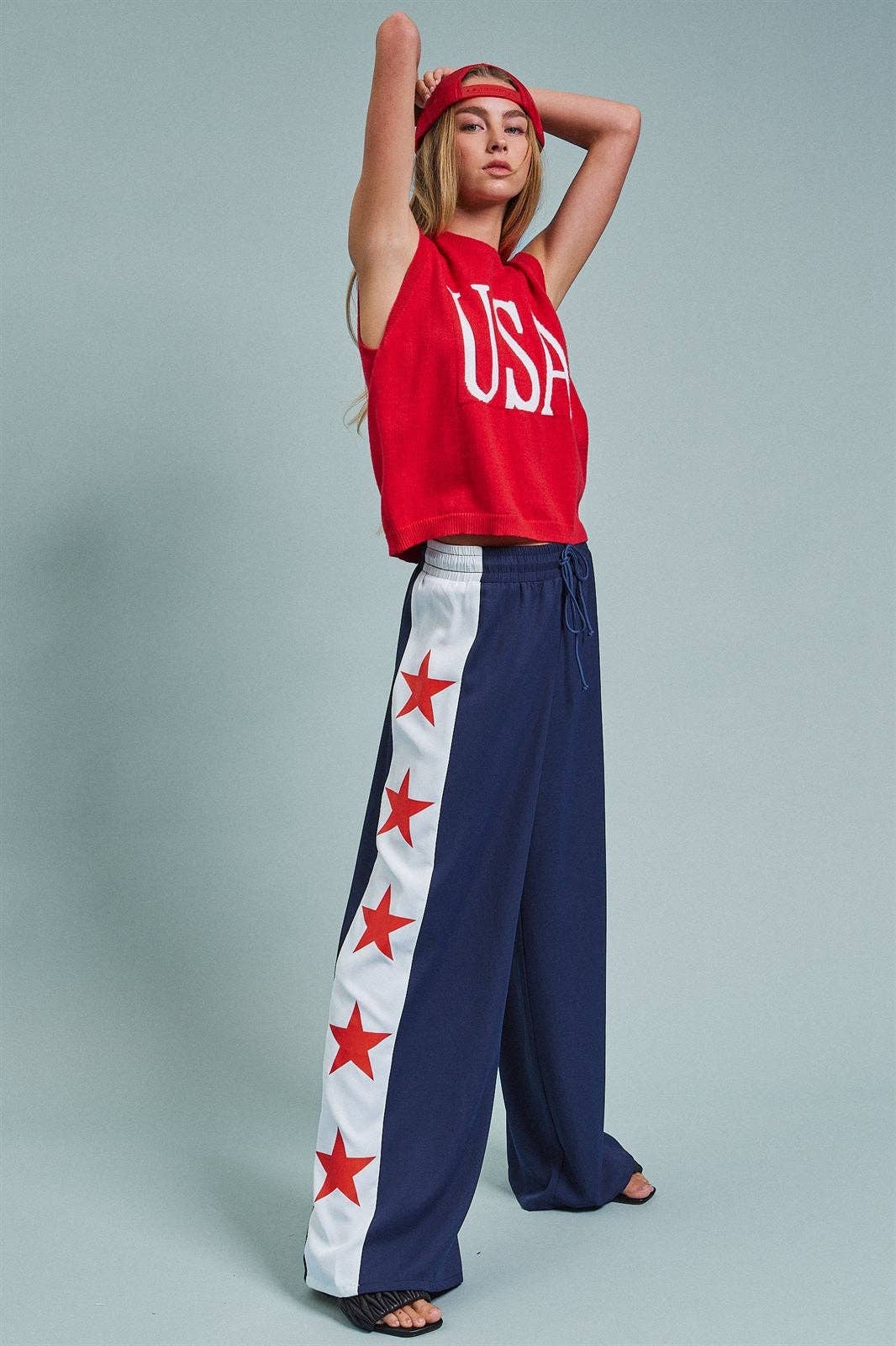 USA Graphic Knit Sleeveless Tank Top: Red