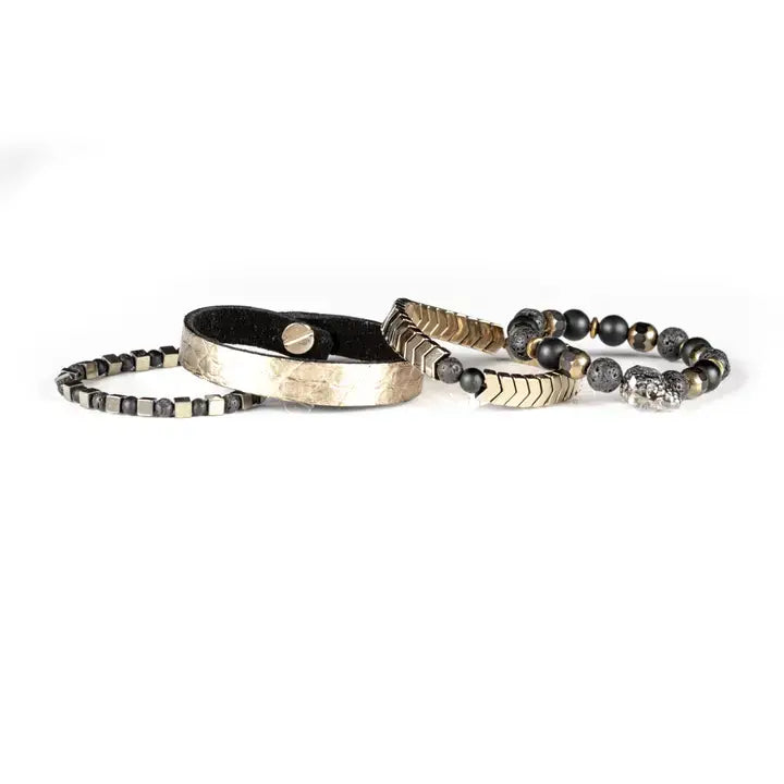 The Alchemist Bracelet Set Gold Leather & Lava Stone Stack: S 18 cm