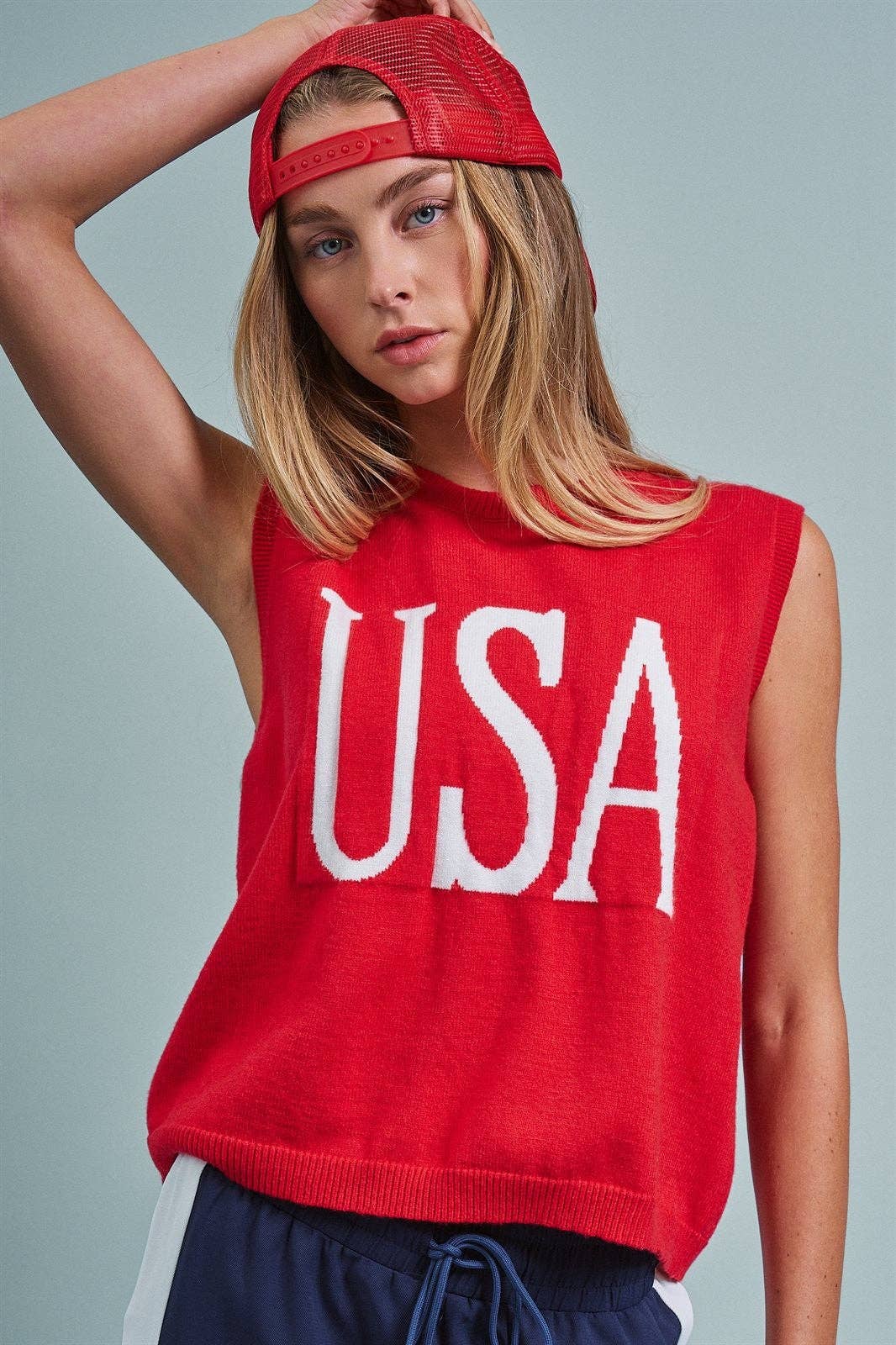 USA Graphic Knit Sleeveless Tank Top: Red