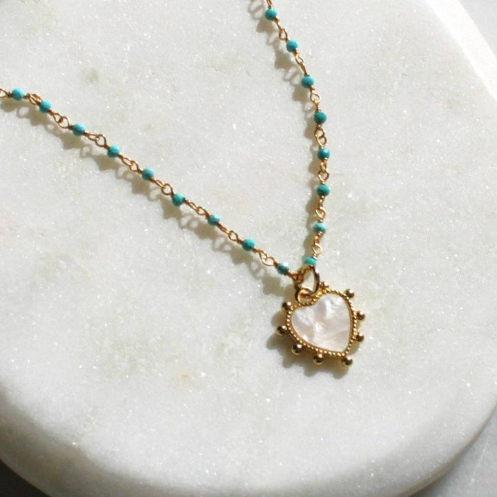 Turquoise Rosary and Heart Pendant Necklace: 16 inch