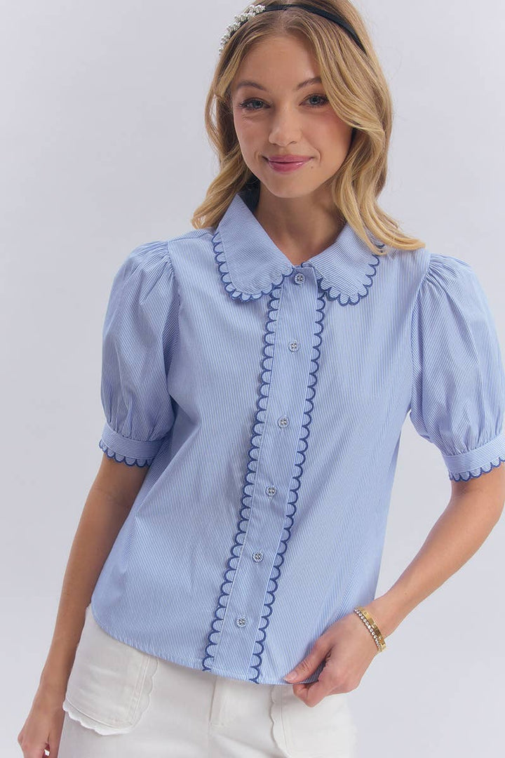 Pin Stripe Blouse Top With Scallop Edge Stitching Detail