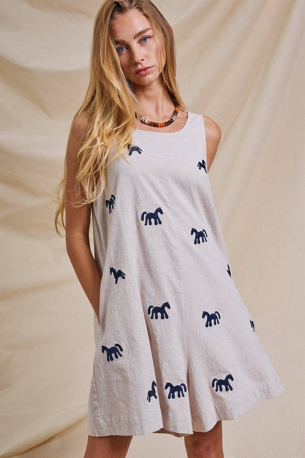 Embroidered Pony Cotton Linen Sleeveless Romper Linen