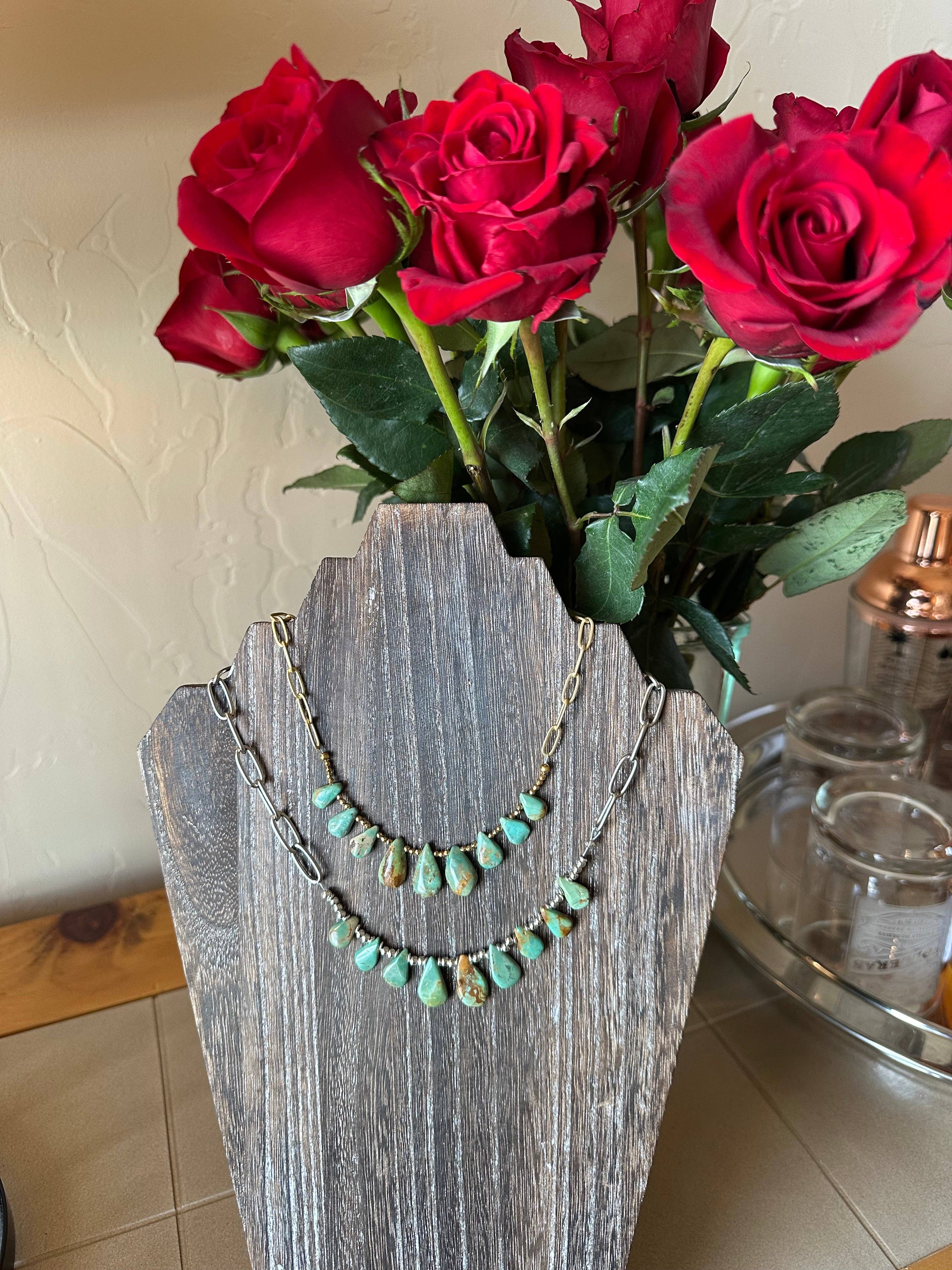 Natural turquoise Briolette Paperclip Chain Necklace/Choker: Silver