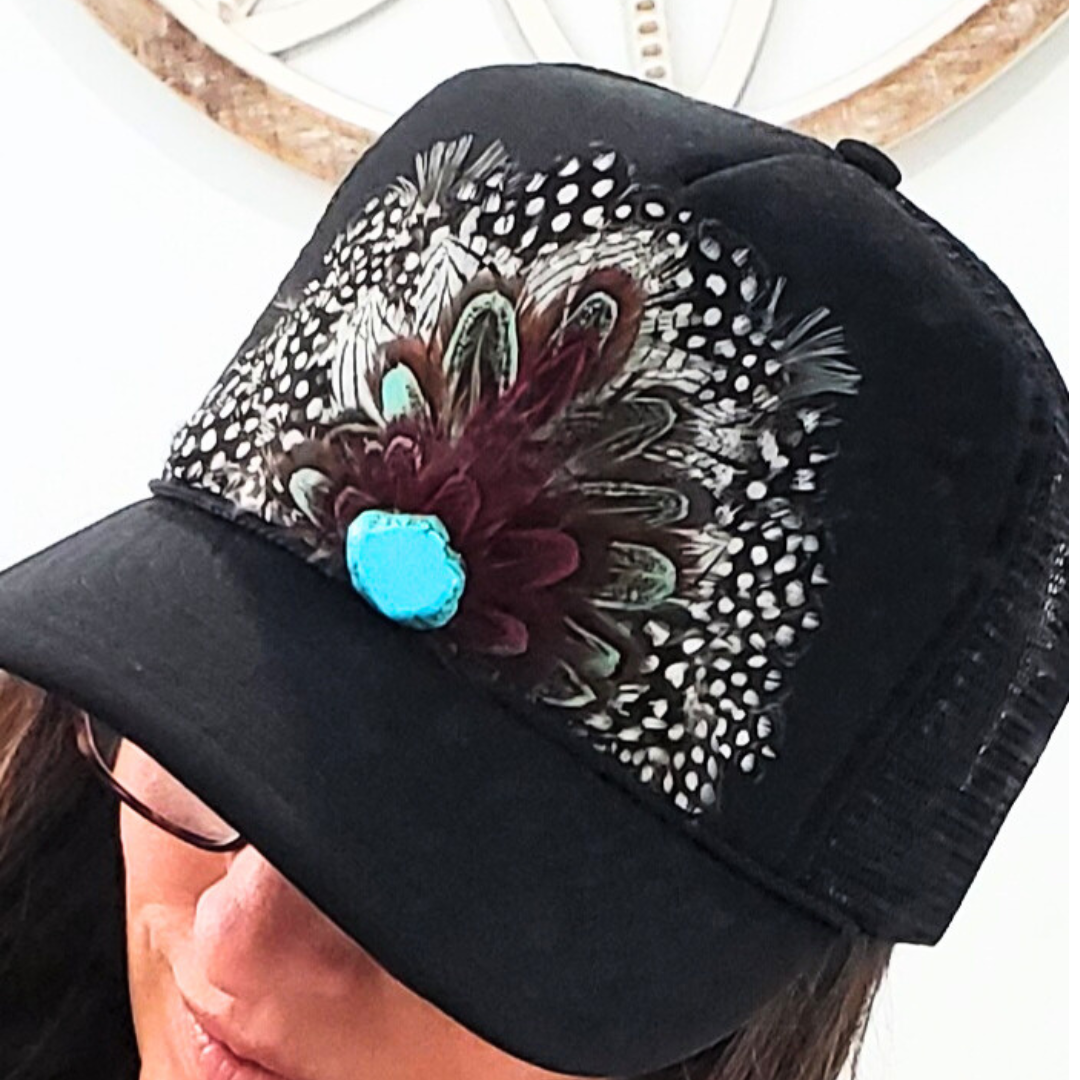 Western Feather Trucker Hat Retro Feather Trucker Hat: Black on black